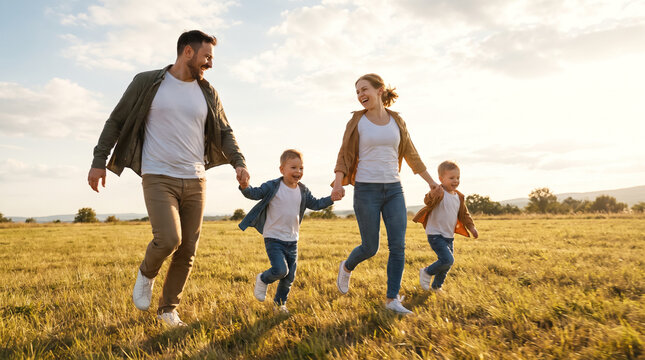 Happy family with parents and children running holding hands in meadow field. Concept of family lifestyle, outdoor, mother.