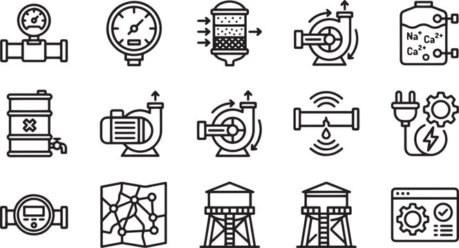 Industrial Icons Set: Pumps, Gauges, Filters, Water Towers, and Plumbing Equipment Vector Graphics for Engineering and Utility Concepts
