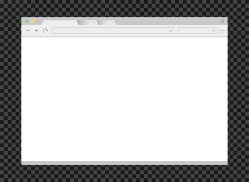 Blank browser window mockup with empty white screen, tabs, navigation buttons and address bar, web page template on transparent checkered background