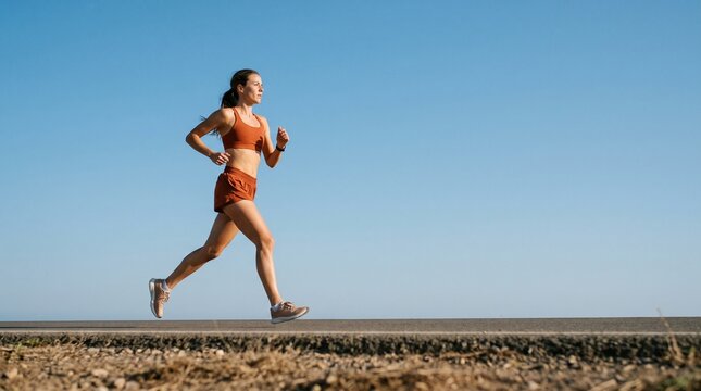 Female runner in rust orange sportswear caught mid stride, camera looking up at her from ground level, big open sky behind her taking up most of the frame
