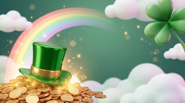 St. Patrick's Day Background with Leprechaun Hat, Gold Coins, Rainbow, and Shamrock with Copy Space