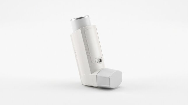 White medical asthma inhaler device with dose counter isolated on light grey background.