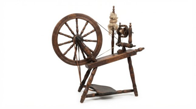 Antique wooden spinning wheel with distaff and spindle isolated on white background