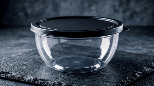 Round Clear Plastic Bowl Mockup with Black Lid