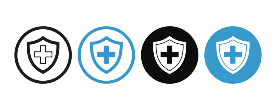 Medical insurance shield icons set with blue and black circular borders for healthcare protection concepts.