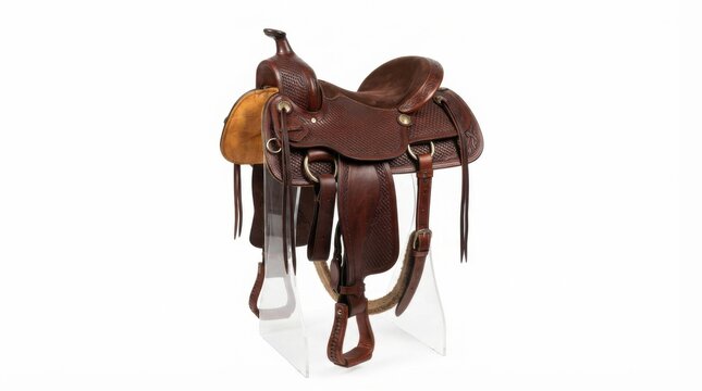 Vintage brown leather western riding saddle with stirrups isolated on white background