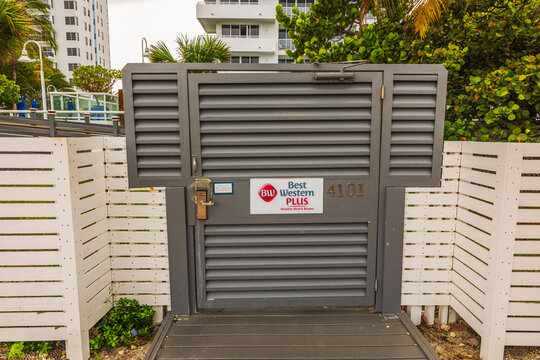 Close-up view of Best Western Plus Atlantic Beach Resort entrance gate marked 4101. Miami Beach. USA. 