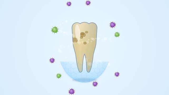 A brown stained tooth hovers over a pale blue background while cartoon bacteria close in, until a fluoride toothpaste swirl strengthens the enamel and restores a healthy white surface. A widescreen c