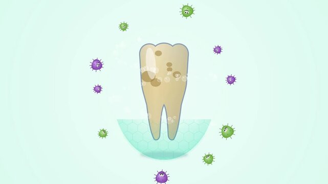 A widescreen mint green scene shows cartoon germs circling a brown spotted molar until antibacterial toothpaste wraps it in a protective swirl and leaves it healthy. Suited to plaque removal, antibac