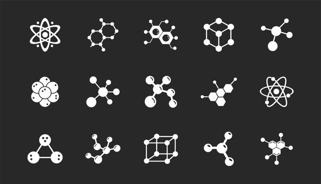 Molecular structure and chemistry icon set with atoms, chemical bonds and crystal lattices in white solid vector style