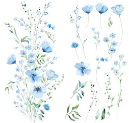 Fototapeta premium Floral bouquet clipart with pale blue watercolor wildflowers , hand drawn isolated wedding illustration