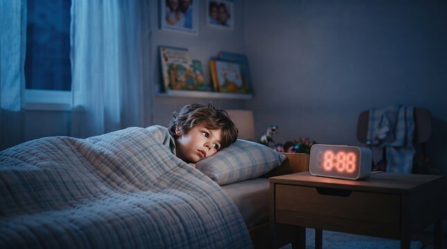 Child lying awake in bed at night with glowing digital clock