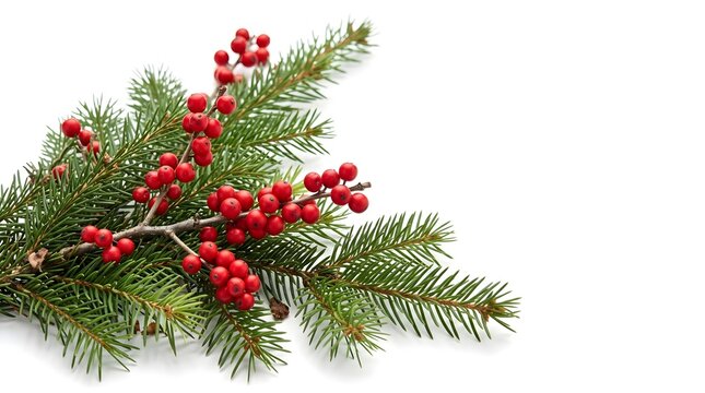 Beautiful festive winter holiday arrangement featuring evergreen branches and clusters of vibrant bright red berries on
