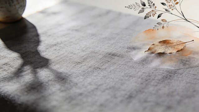 Lying dried brown leaf on linen cloth near vase shadow, orange wash, botanic drawing, copy space