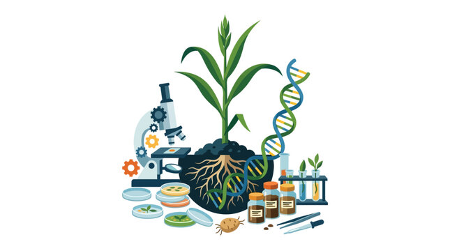 Scientific research in modern agricultural biotechnology with green seedlings and laboratory equipment