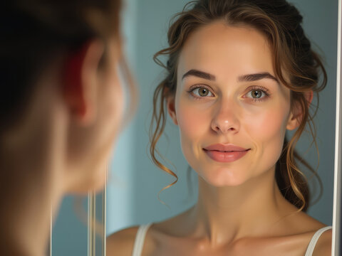 Woman Looking into a Distorted Mirror. Body Image and Self Esteem. Perceived Imperfections and Self Doubt. Reflection and Personal Identity. Appearance Anxiety Concept