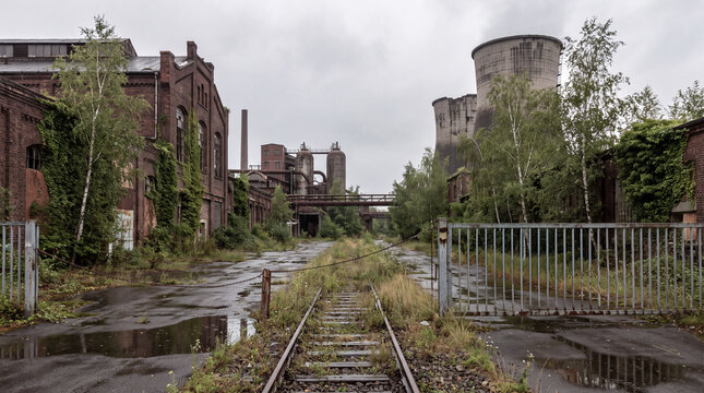 Abandoned industrial site with rusty tracks and overgrown areas in cloudy weather