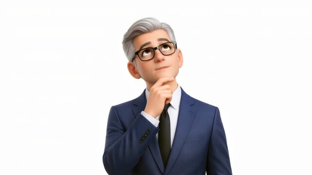 Pensive man in a blue suit thinking and finally finding a solution on a white background