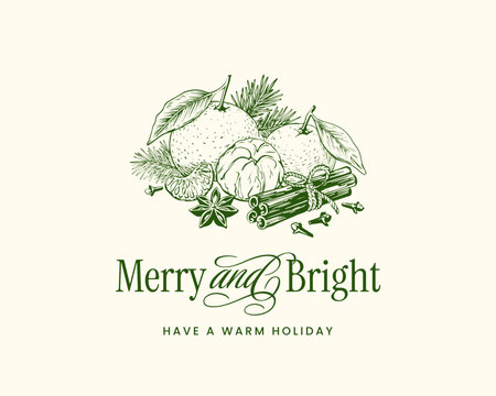 Christmas decoration doodle sketch label template. Whimsical oranges cinnamon, clove and anise elements. Hand-drawn vintage vector coquette Xmas ornament spice illustrations. Pine tree, fir needles