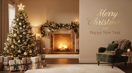 Naklejka premium Christmas living room with decorated tree, fireplace, and Merry Christmas wall message