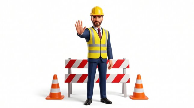 3D businessman mascot in construction gear making a stop gesture behind a barrier