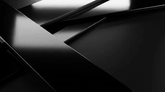 A abstract modern black metallic geometric layers with sleek diagonal lines and surface reflections PSD concept. Dark luxury abstract background overlapping matte black plates with glossy metallic.