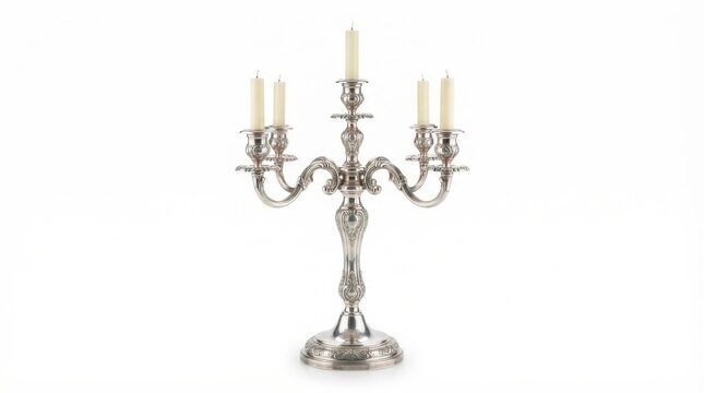 Silver candelabra with five lit white candles isolated on white background