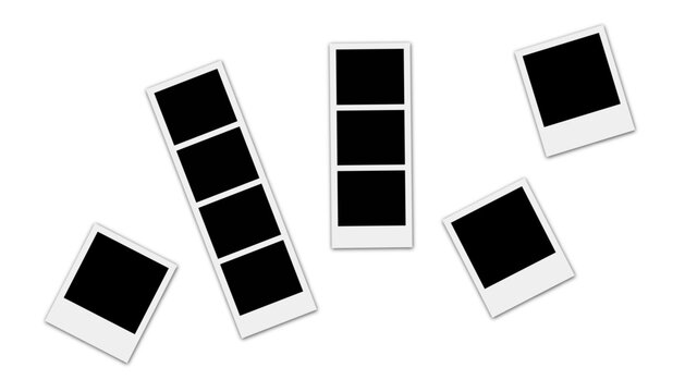 Blank Photo Booth Strips and Instant Polaroid Frame Mockups Isolated on White Background for Vintage Memory Templates