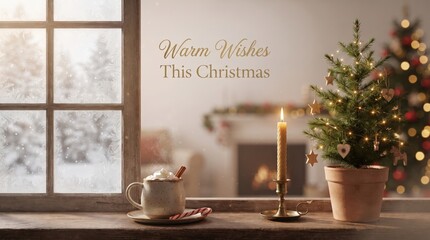Naklejka premium Cozy Christmas scene with decorated fir tree, candle, and hot chocolate by frosted window