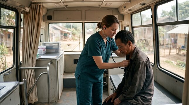 Female physician using stethoscope to listen to chest of patient inside mobile health clinic bus symbolizing community medical support and accessible healthcare