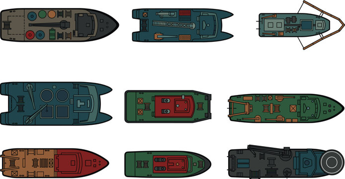 Top down view of catamaran tugboat workboat and patrol vessels with colorful decks in a tidy grid layout