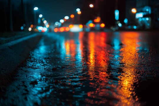 Blurred city lights reflected on wet asphalt during nighttime rain, creating cinematic urban street scene atmosphere, capturing vibrant city life and moody high-quality photography.