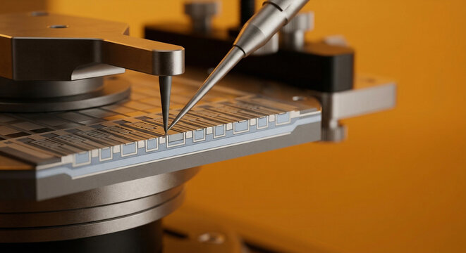A microprobe wafer testing station utilizes precision needle probes on a semiconductor chip cross section inside a cleanroom lab for electrical parametric analysis, presentation background