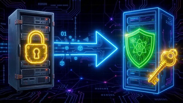 Quantum safe migration neon concept with server racks, glowing blue arrow, padlock, shield and key on digital circuit background, representing cybersecurity data transition.