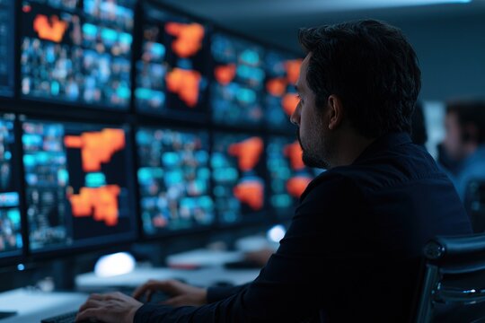Digital workforce manager overseeing distributed teams in modern operations center