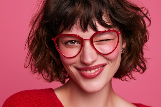 Charming woman with red glasses and sweater winks playfully against a pink background, exuding cheerful warmth.