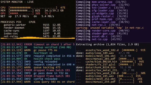 Quad terminal grid displays system monitor, compiler output, server logs, and file extraction in orange, purple, and cyan text on black. Developer console aesthetic for tech and coding themes.