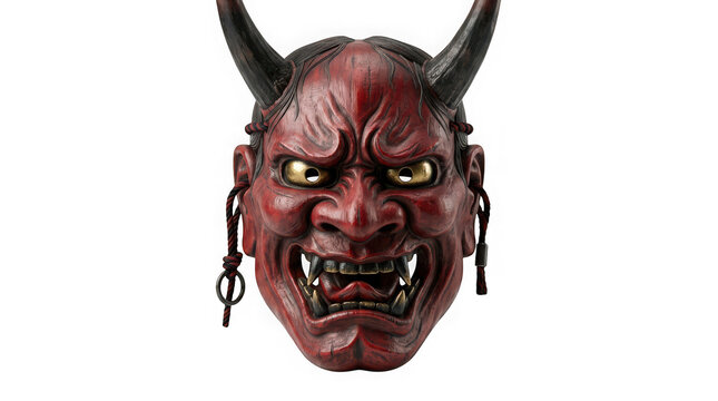 Traditional japanese hannya mask with red skin, black horns and decorative ropes isolated on transparent background