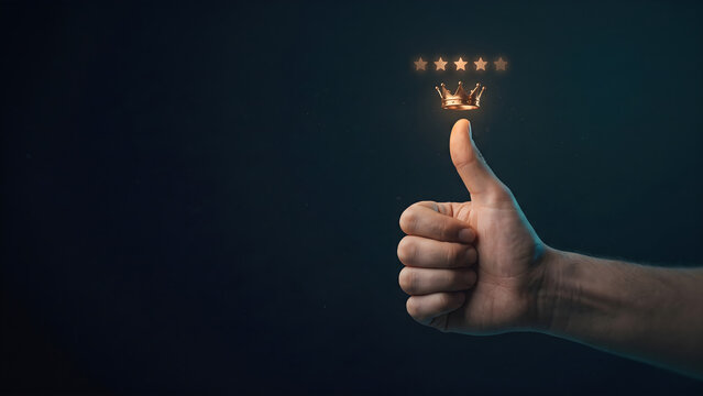 Hand giving a radiant thumbs-up gesture adorned with a glowing golden crown and five stars, symbolizing premium quality, excellent service, high customer satisfaction, and top-tier recognition