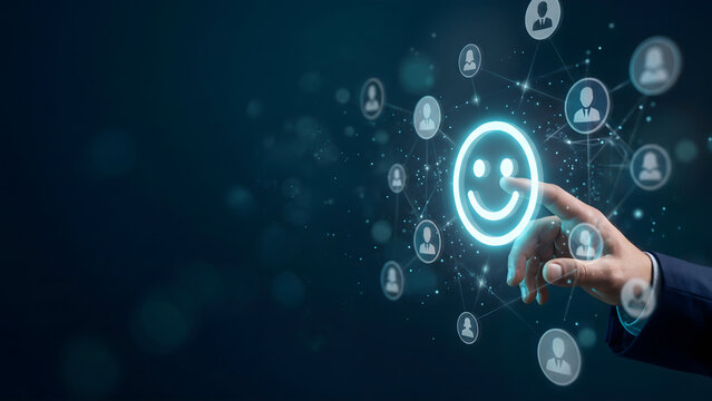 Businessman hand pointing at glowing smiley face icon symbolizing customer satisfaction and positive social networking feedback in digital space
