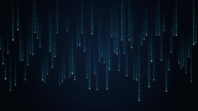 Digital Matrix Rain Falling Down Against Dark Blue Background With Subtle Light Effects