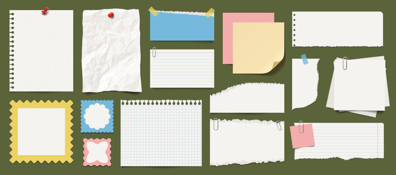 Blank paper sheets memo notes realistic pinned taped and clipped pages torn edges crumpled texture school or office stationery scrapbook design elements collection