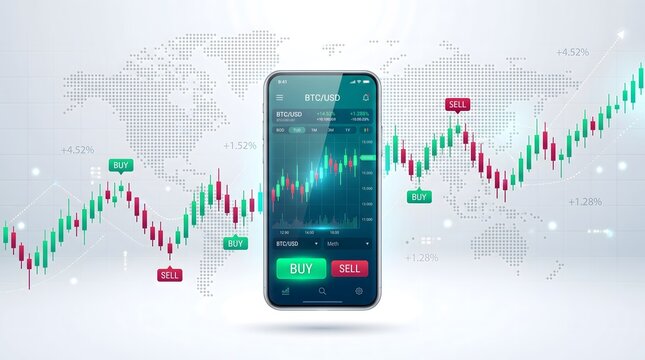 Smartphone displaying cryptocurrency trading app with candlestick charts, buy and sell buttons, and global financial market data visualization on a digital background