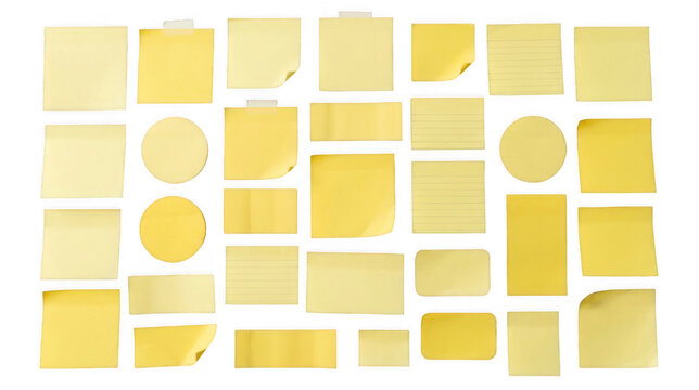 Assorted yellow and cream paper notes including lined and plain sheets. 