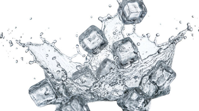 A dynamic splash of water with ice cubes creating a refreshing visual, perfect for illustrating cool drinks and hydration concepts.