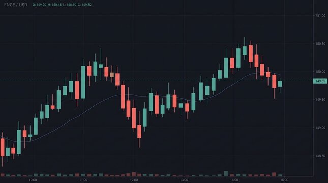 Financial stock market candlestick chart showing price fluctuations and trends on a dark background, representing trading analysis, investment data, and market volatility