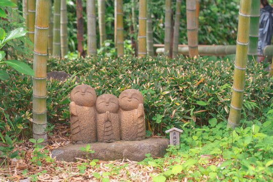 Jizu, small Stone Buddha statues in the Hase Temple, Kamakura, Japan. Hasedera religious temple