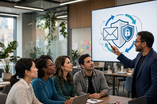 Diverse team discussing cybersecurity strategy with CISO in conference room