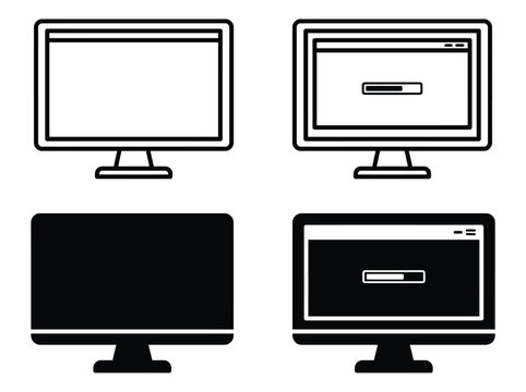 Set of computer monitor and display screen icons in outline and solid vector styles for technology and software concepts
