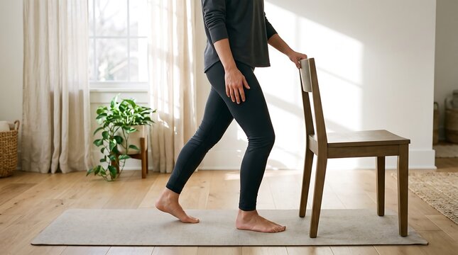 Person performing hip flexor stretch using a wooden chair for balance